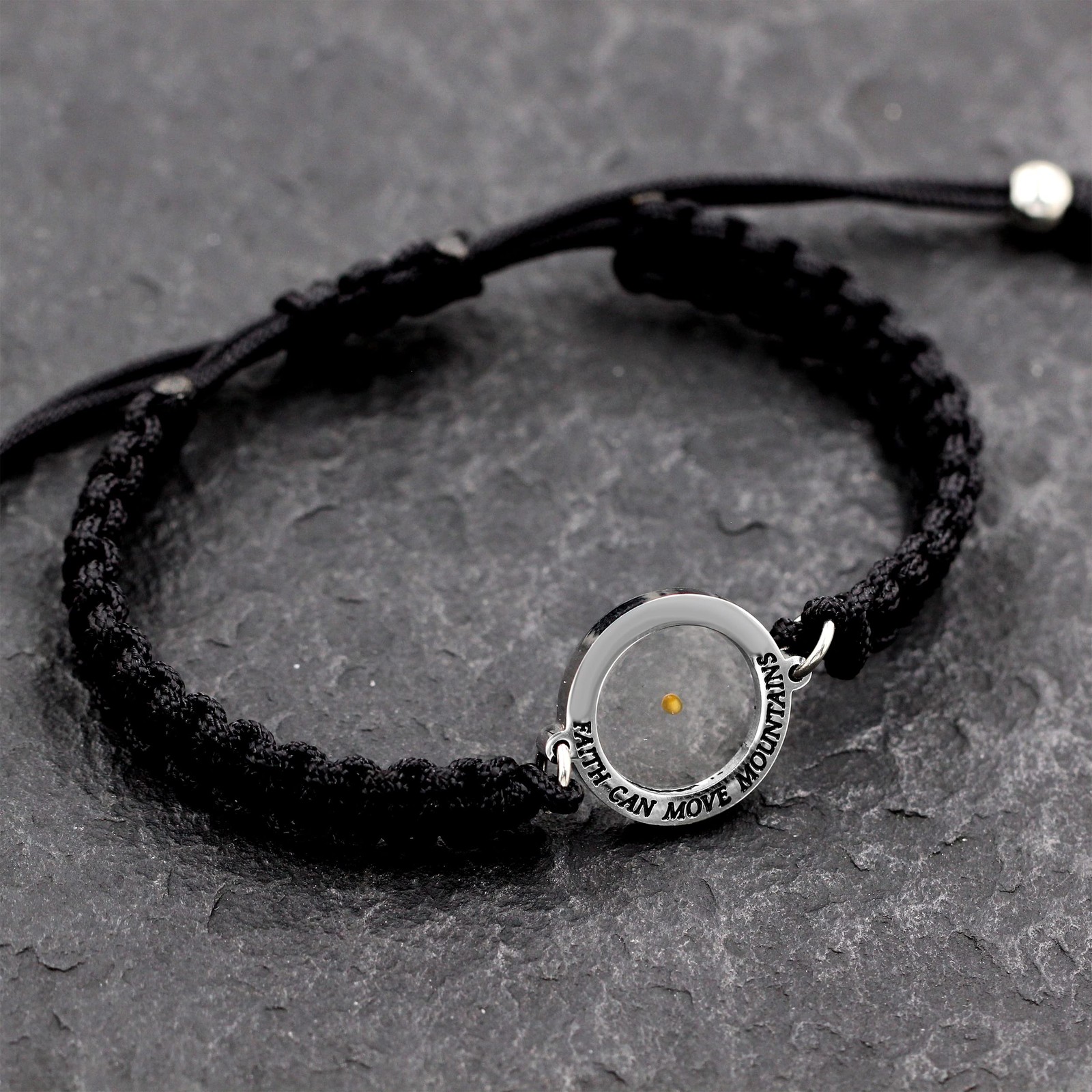 Handmade Black Braided Rope Bracelet with Round Mustard Seed, Engraved Faith Can