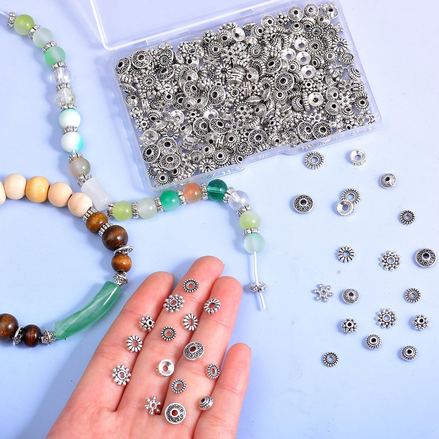 460Pcs Antique Silver Spacer Beads for Jewelry Making, Small Metal Flat Flower B