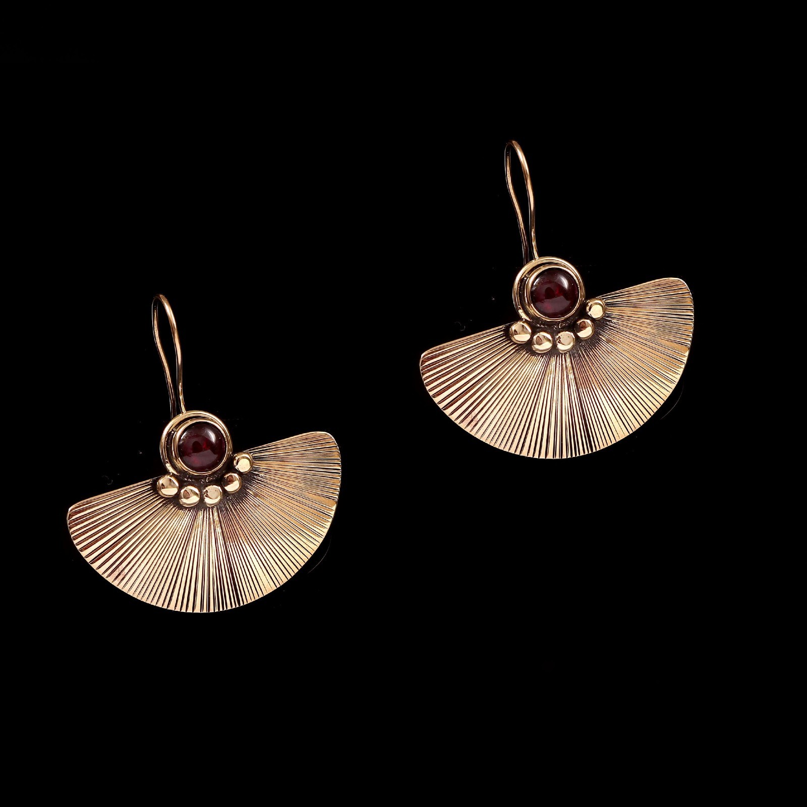 Vintage Fan Drop Earrings, Red Garnet Gemstone, Handmade Brass Dangle Earrings.
