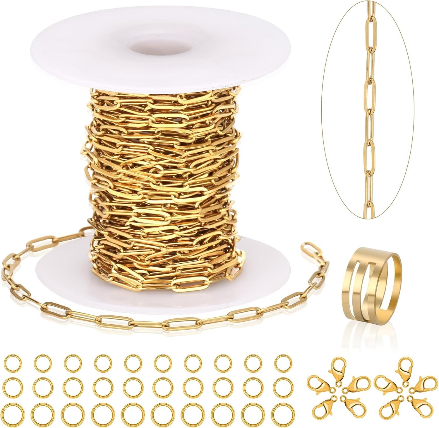 23 Ft Gold Chain for Jewelry Making, 18K Gold Plated Stainless Steel Oval Paperc