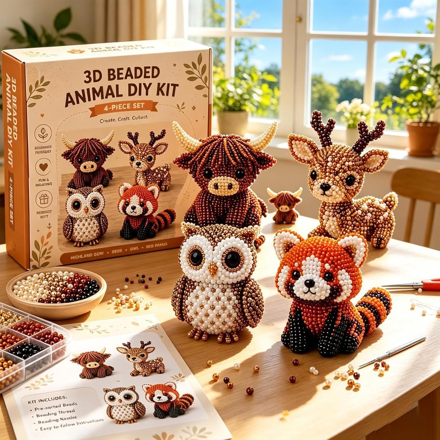3D Beaded Animal/Bird DIY Kit, Handmade Beadwork Art Craft Set with Instructions