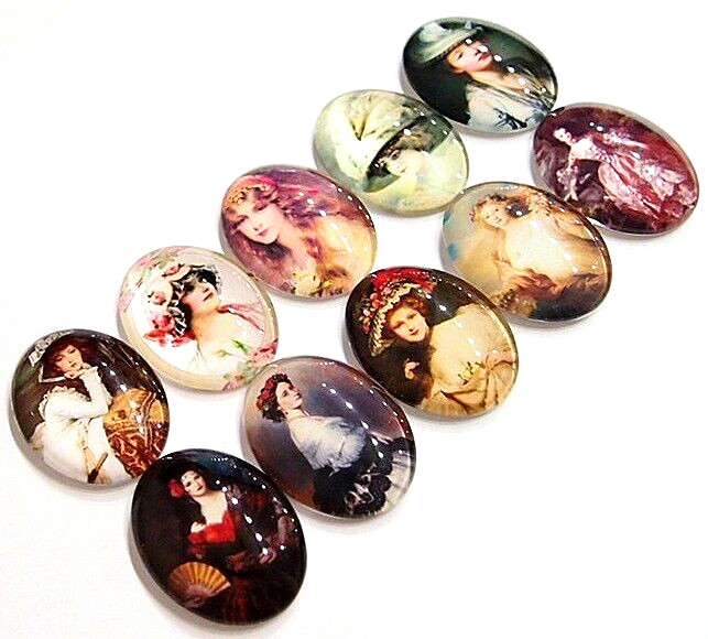 10 Vibrant Colors of 40x30mm Glass Vintage Victorian Art Deco Women Cameos Nice