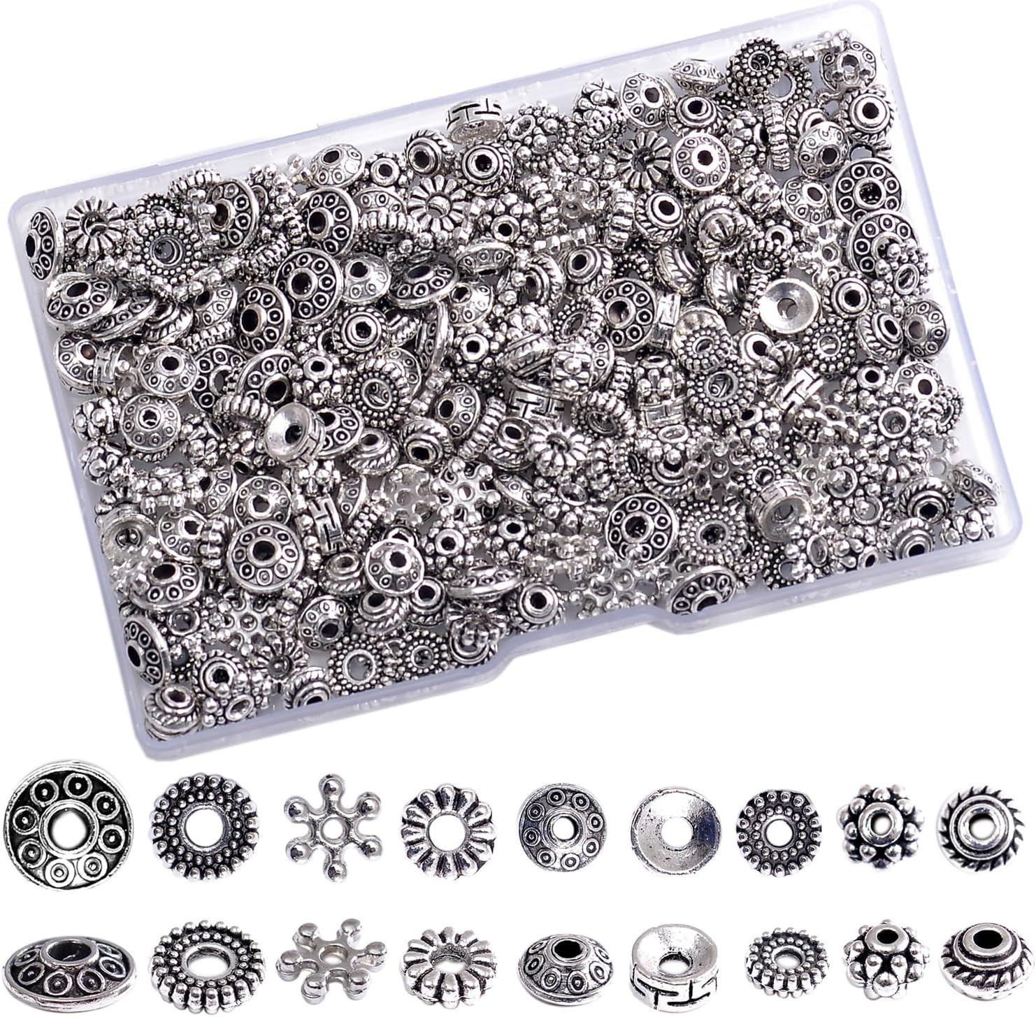 460Pcs Antique Silver Spacer Beads for Jewelry Making, Small Metal Flat Flower B