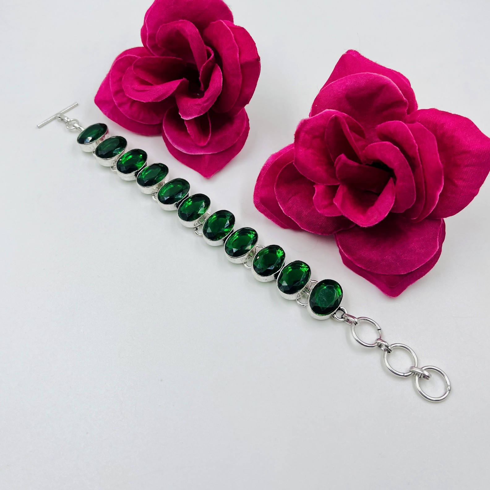 Rose Cut Chrome Diopside Gemstone 925 Sterling Silver Jewelry Chain Bracelet