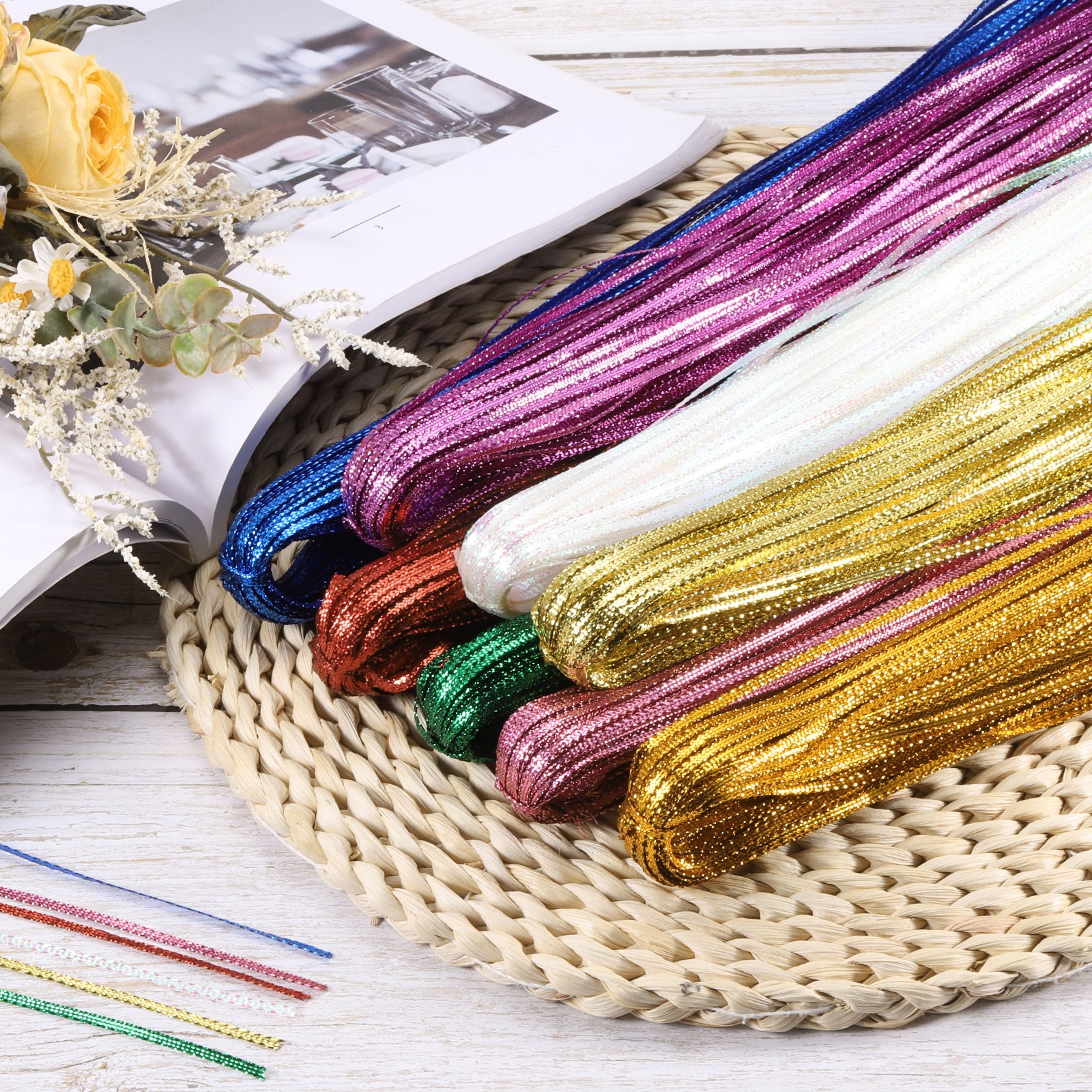 103 Yard Metallic Thread Cord, 3mm(0.12inch) Flat Rope Ribbon String,Light Gold