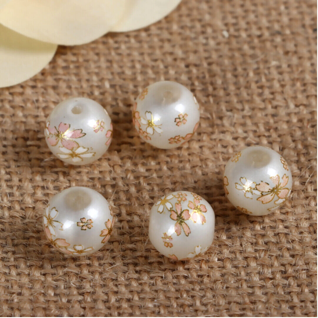 5 Japanese Tensha Glass White Pink Sakura Flower 12mm Round Bauble Ball Beads