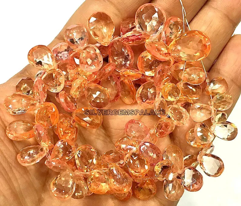 AAAA+ Rare Padparadscha Sapphire Faceted Necklace Sapphire Pear Cut Beads.