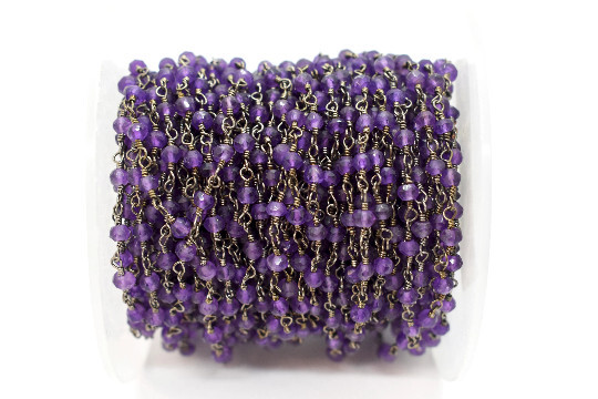 Amethyst Faceted Rondelle Wire Wrapped Beaded Rosary Chain, 4mm (1 ft)