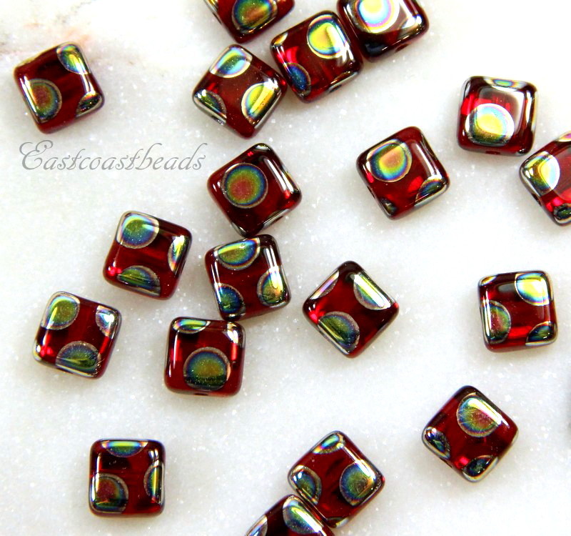 Flat Square Beads, 6x6mm, Red w/Peacock Finish, Preciosa Czech Beads, 20 Bead