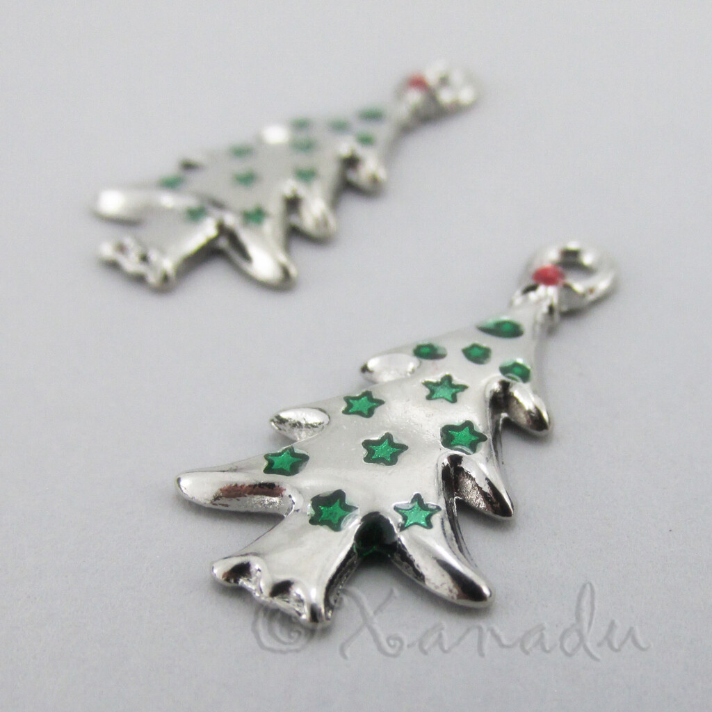 Christmas Tree Charms 26mm Enamel Silver Plated Pendants C1486S – 5, 10, 20PCs