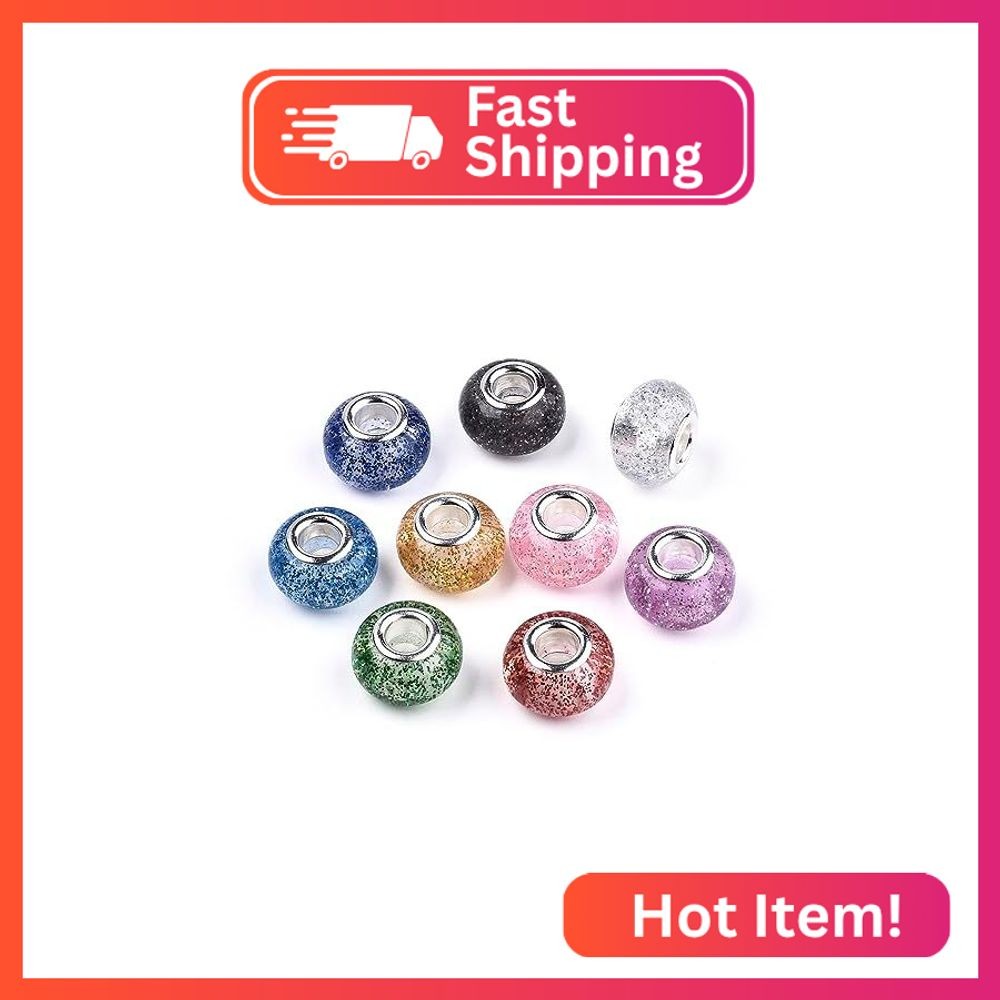 KISSITTY 100pcs Assorted Glitter Powder European Beads Large Hole Rondelle Space