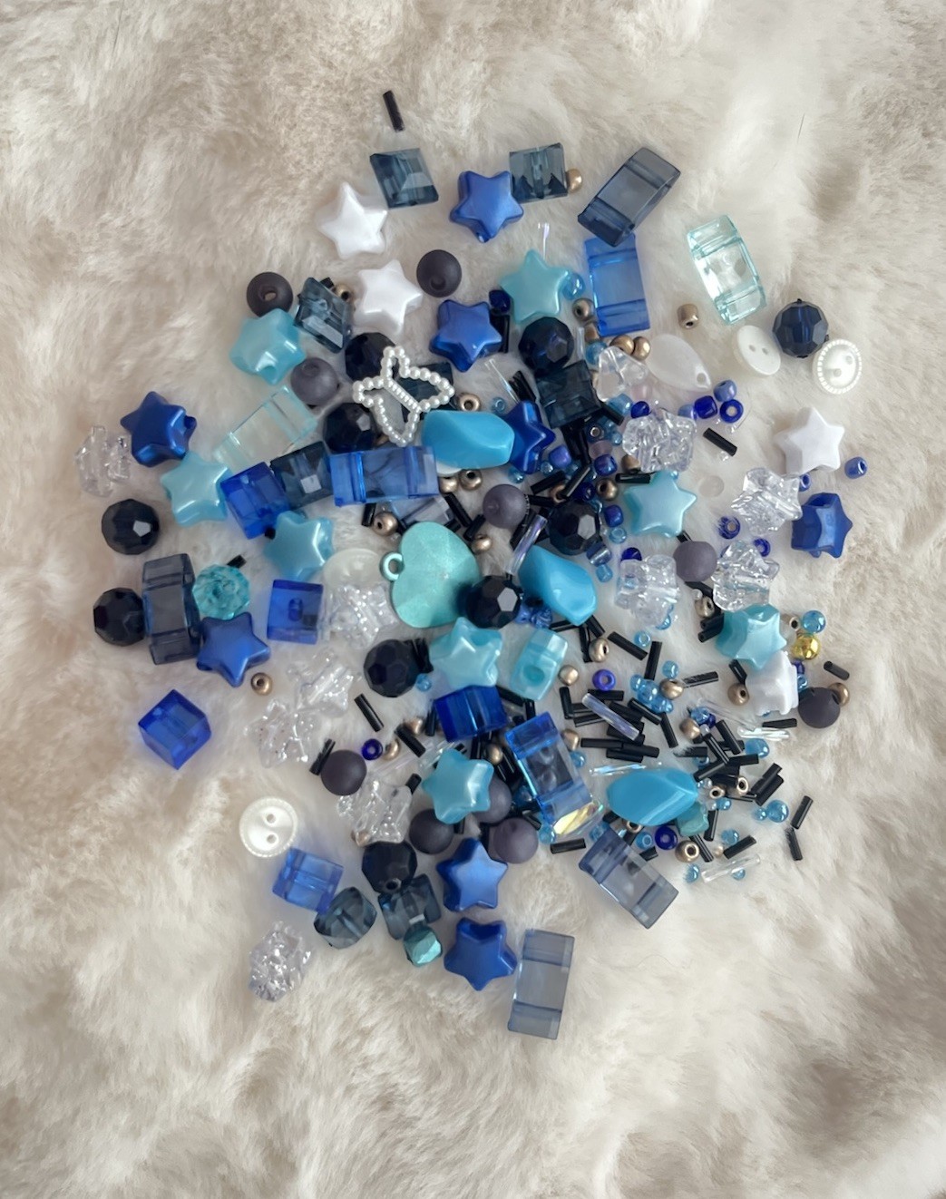 Mixed Shape Loose Plastic Bead Lot Blue Black White Stars Hearts Cubes & More