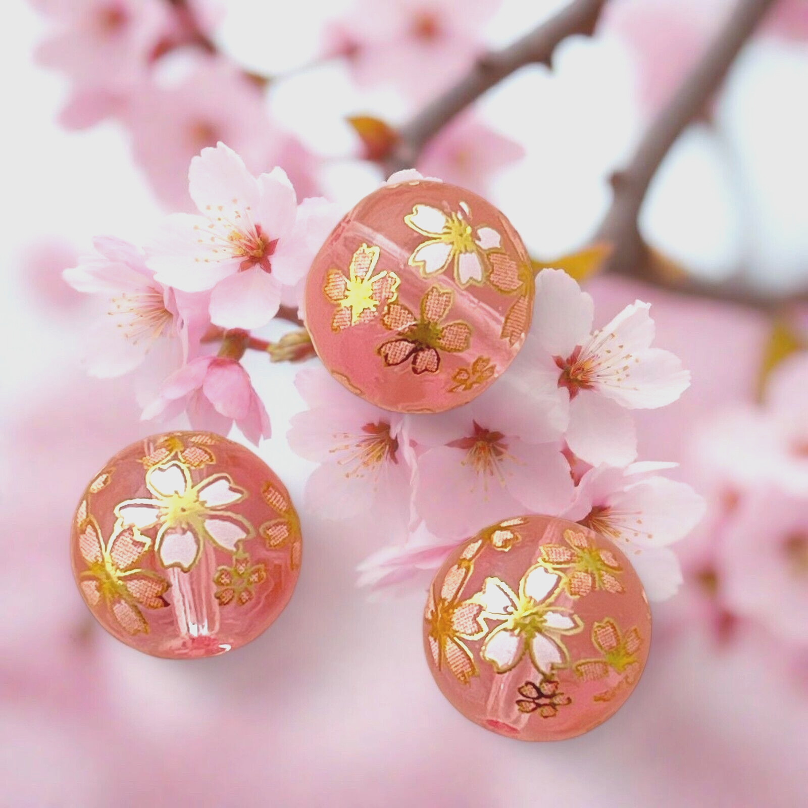 5 pcs Japanese Tensha Glass Beads Transparent Pink Cherry Sakura Blossoms 12mm