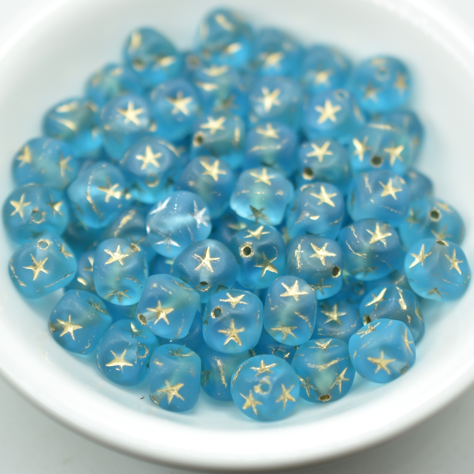 15 Beads – 7mm Cube Gold Star, Matte Aqua – Czech Glass