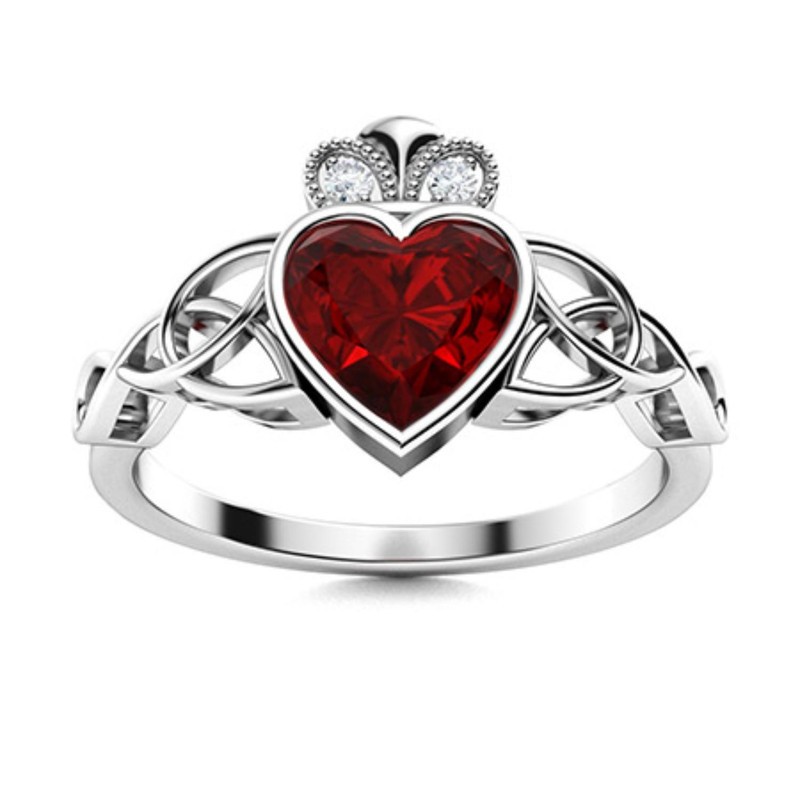 Heart Garnet Gemstone Sterling Silver Wife Three-Stone Art Deco Ring
