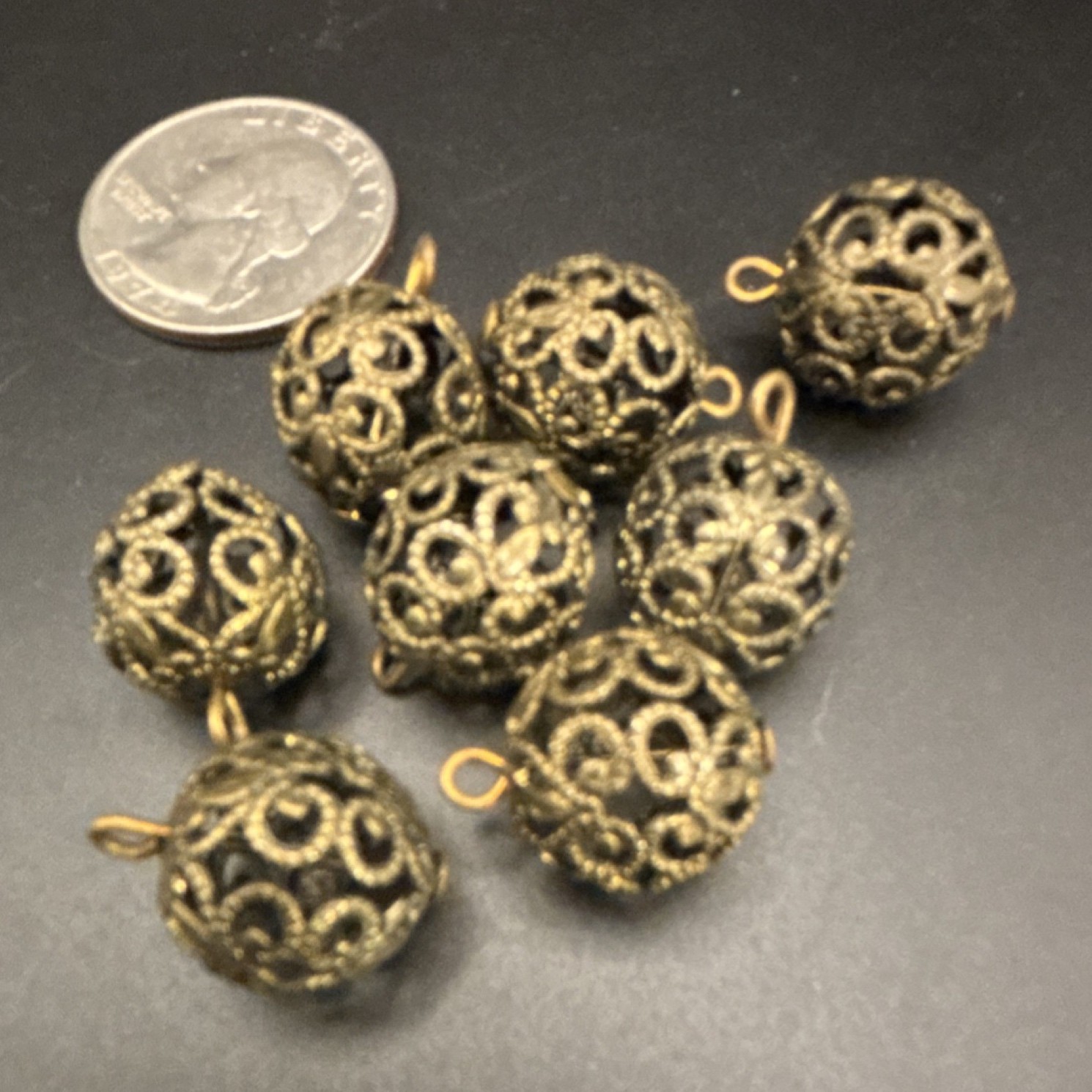 Antiqued Metal Round Filigree Beads Gold Black 10mm Lot of 8