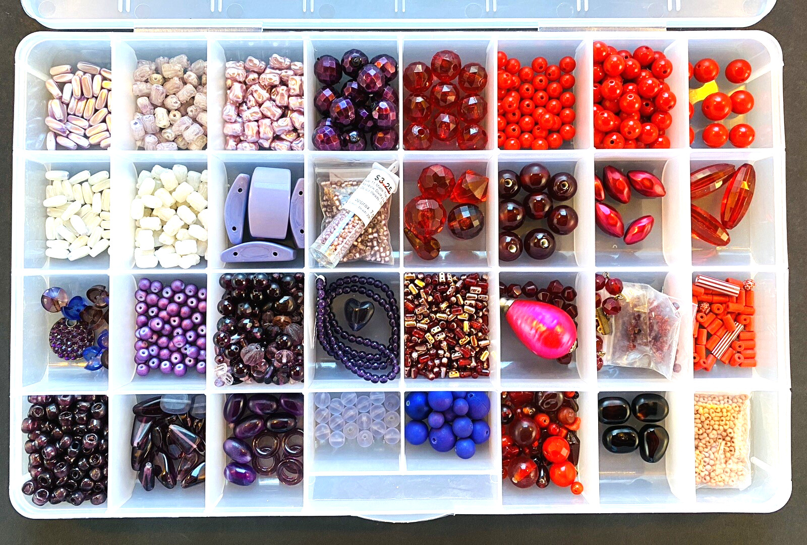 RED & PURPLE Beads + Tray! Real Coral, Glass, Plastic, Seed – Vintage to Modern