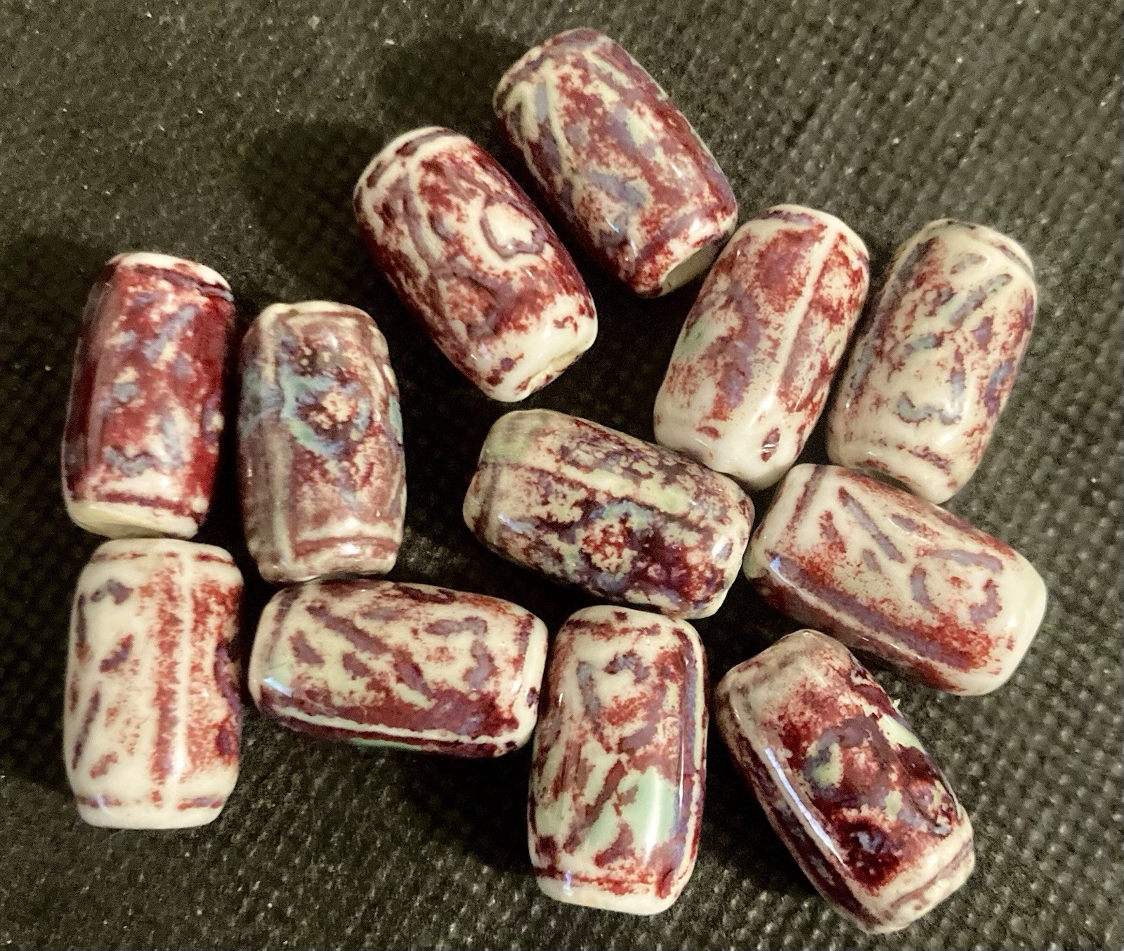 Multi Color Ceramic 19 mm by 11 mm Tube Imperial Pattern Glazed Beads Lot of 12