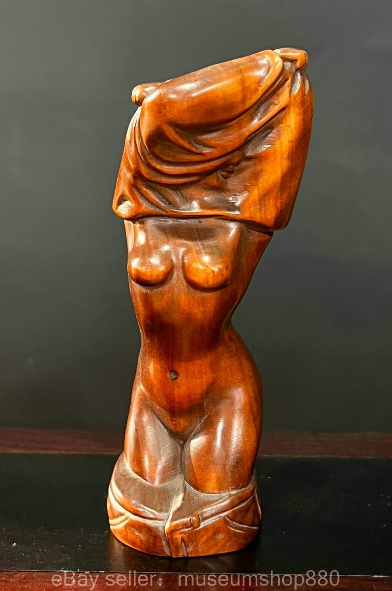 4″ Old Chinese Boxwood Wood Carving Beautiful woman People Statue