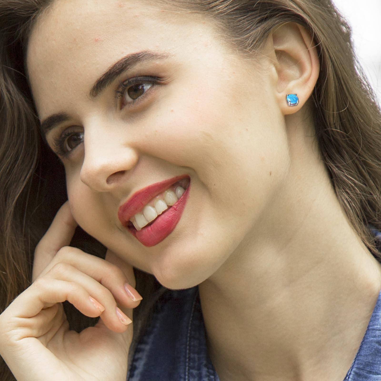 925 Sterling Silver Hypoallergenic Opal Stud Earrings, 8MM Blue Opal October Bir
