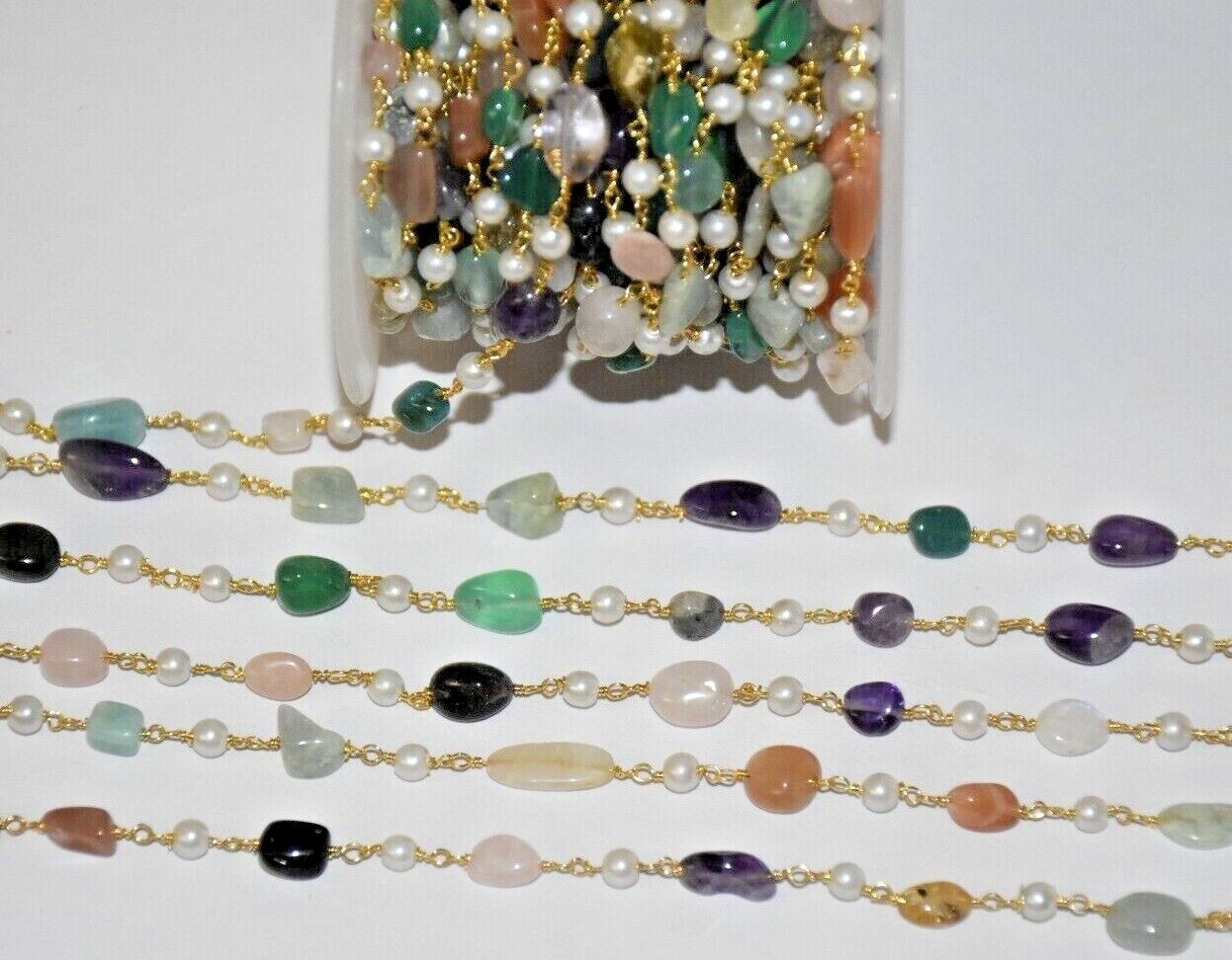 multi oval gemstone beads beaded rosary chain. jewelry making gold plated rosary