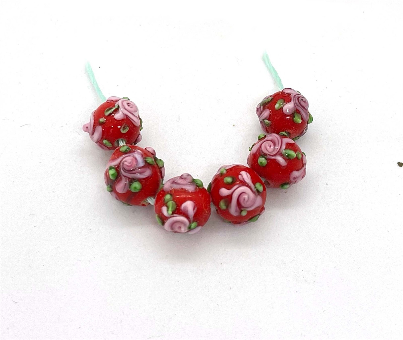 6 Lampwork Handmade Glass Red pink Primrose Flower 12mm Round Beads