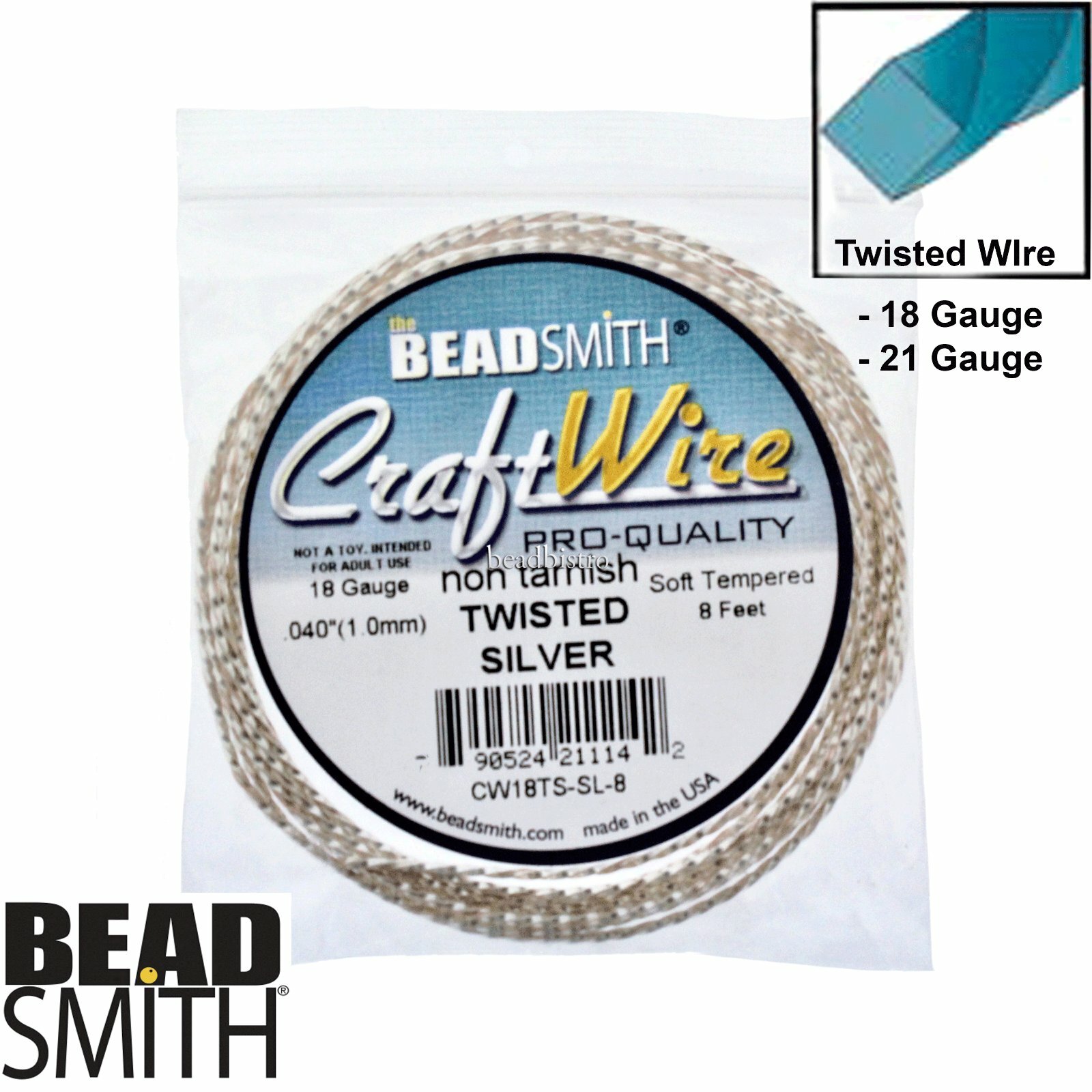 BeadSmith Twisted Silver Plated Non-Tarnish 18, 21 Gauge Craft Wire