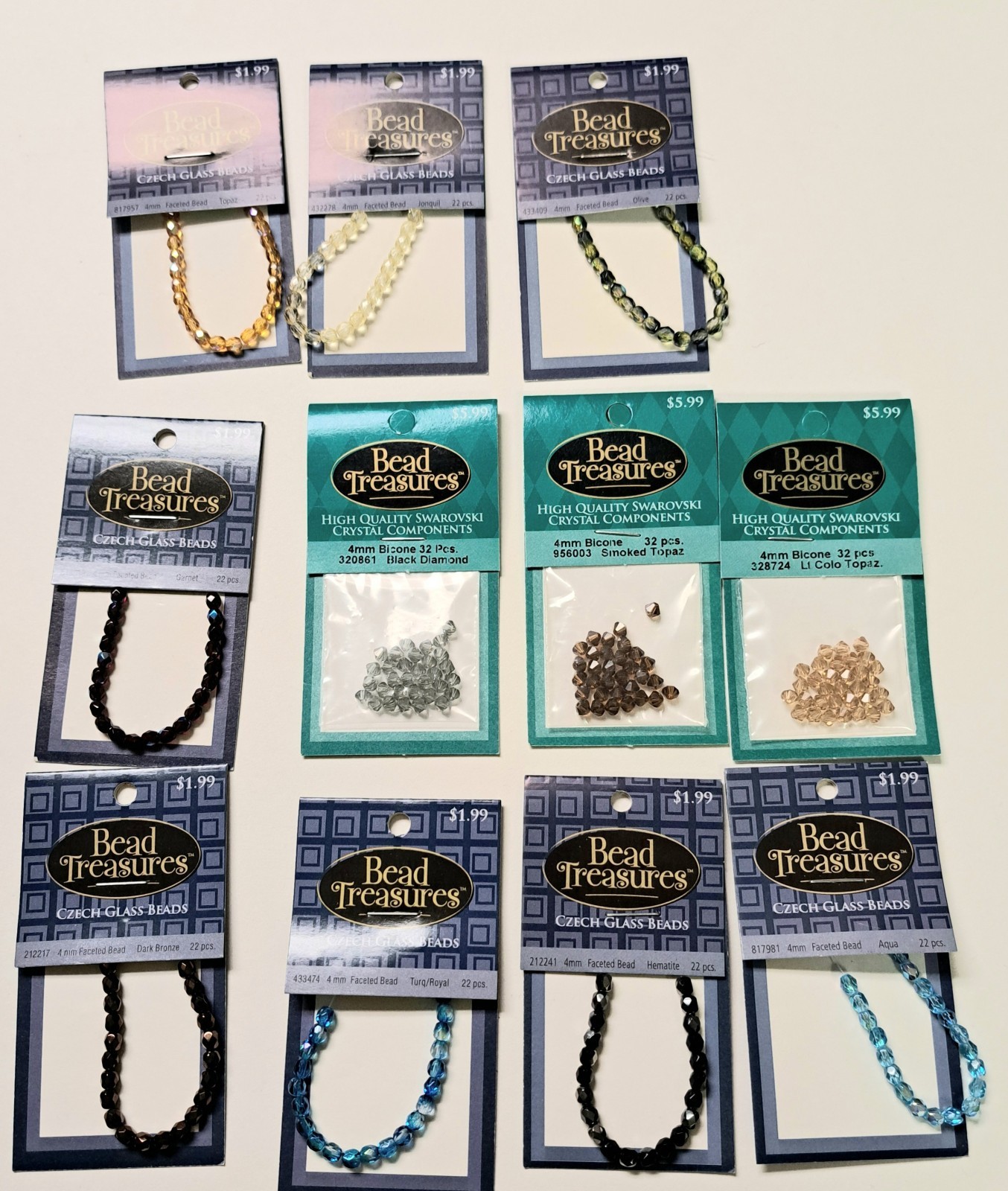 Bead Treasures Lot Of 11 Cards 4mm Czech Glass Or Swarovski As Shown