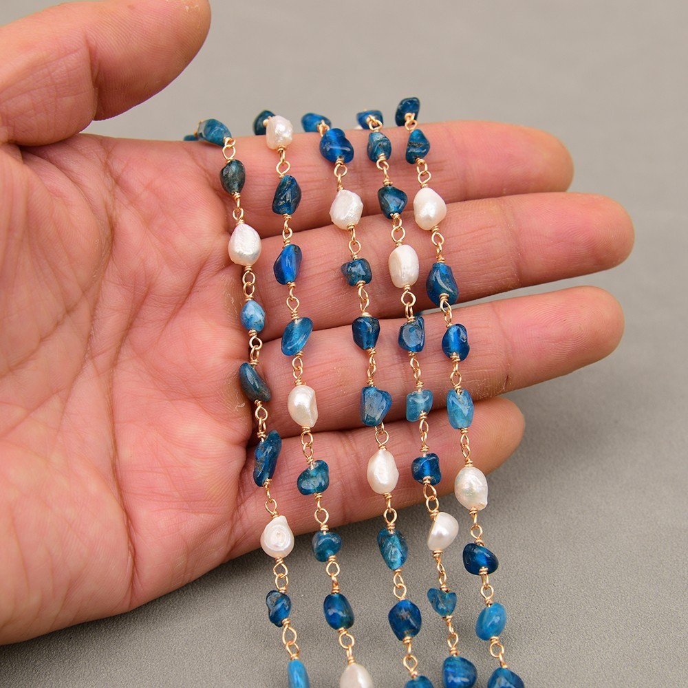 1 Meter Cultured White Keshi Pearl Blue Apatite Stone Chain DIY Jewelry making