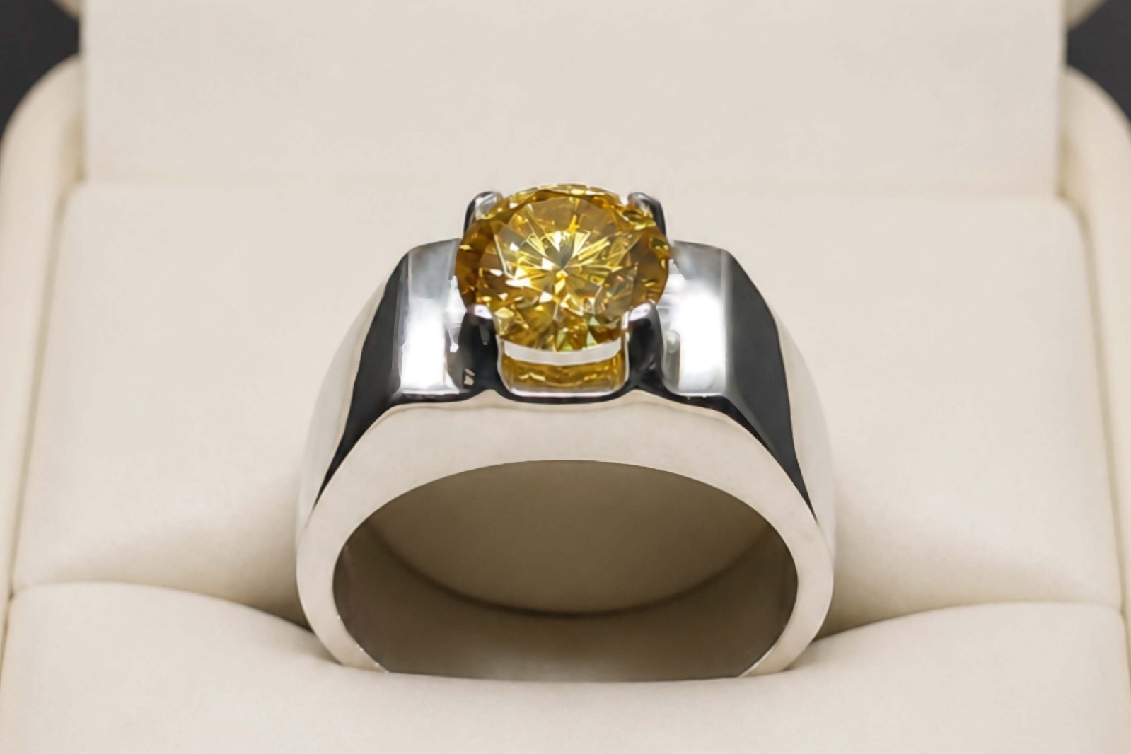 Round Cut 2 Ct Golden Moissanite Diamond 925 Sterling Silver Mens Plain Ring