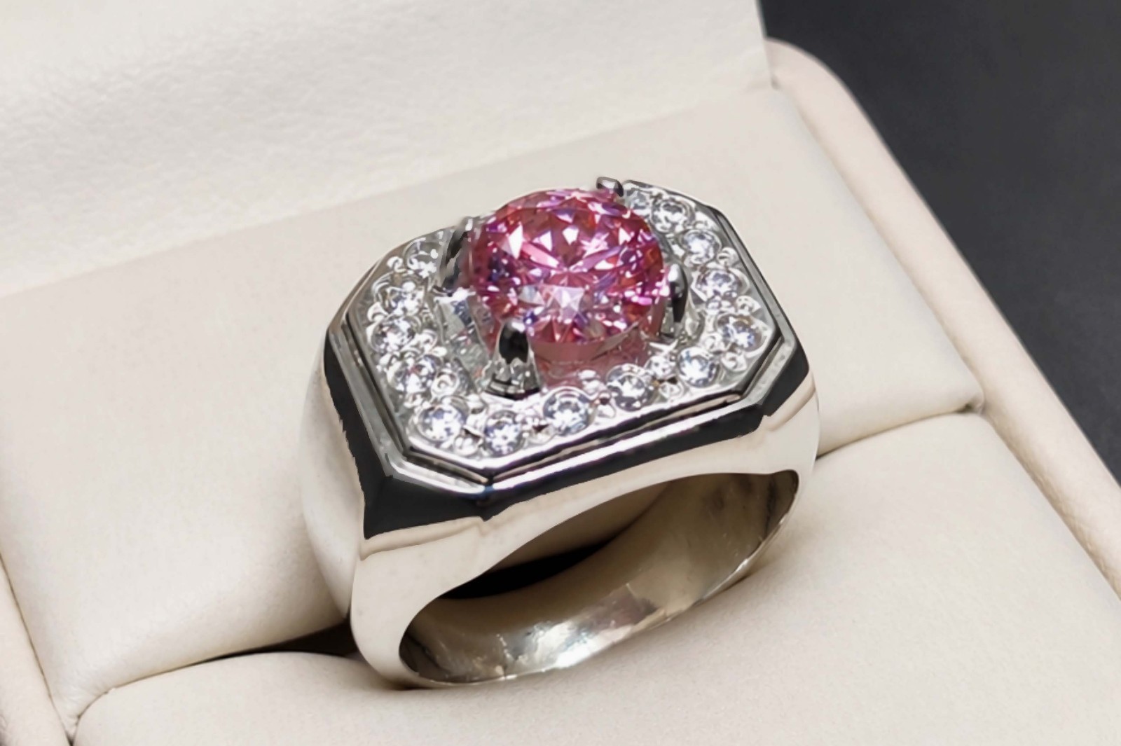Diamond Cut Rare Pink Moissanite Diamond Sterling Silver 925 Handmade Mens Ring
