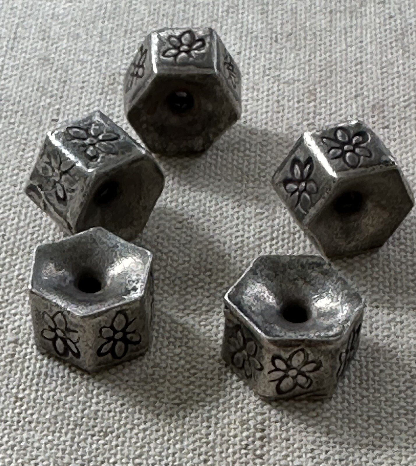 Thai Karen Hill Tribe Silver Bead Artisan Hexagon Floral Stamped Handmade