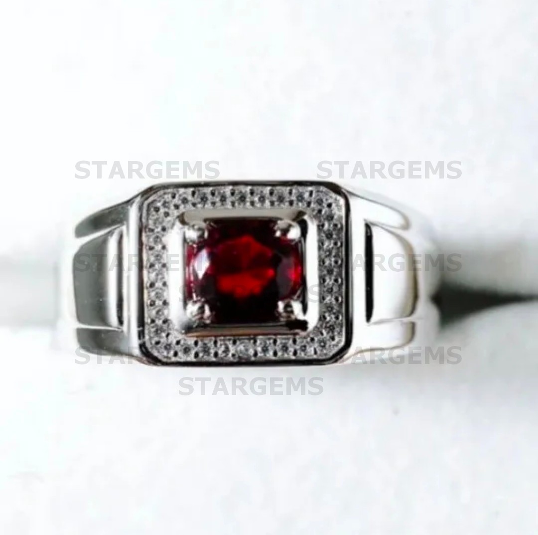 Natural Garnet Engagement Ring for Men’s, 925 Silver Wedding & Promise Ring
