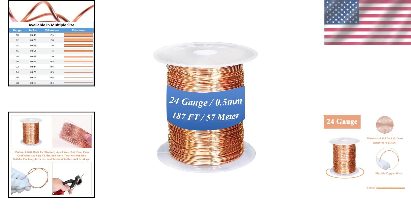 Copper Wire 99.98% Pure – 24 Gauge, 187FT, for Jewelry Making , Gardening, DIY