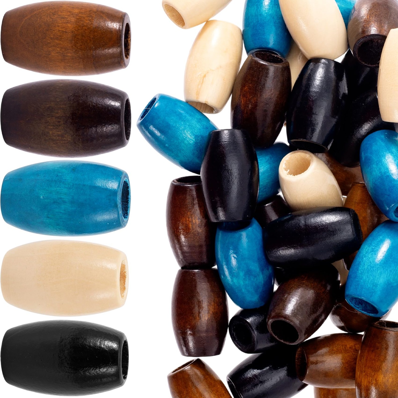 Incinkod 30 Pcs Large Hole Wooden Beads for Crafts, Olive-Shaped Wood Hair Be…