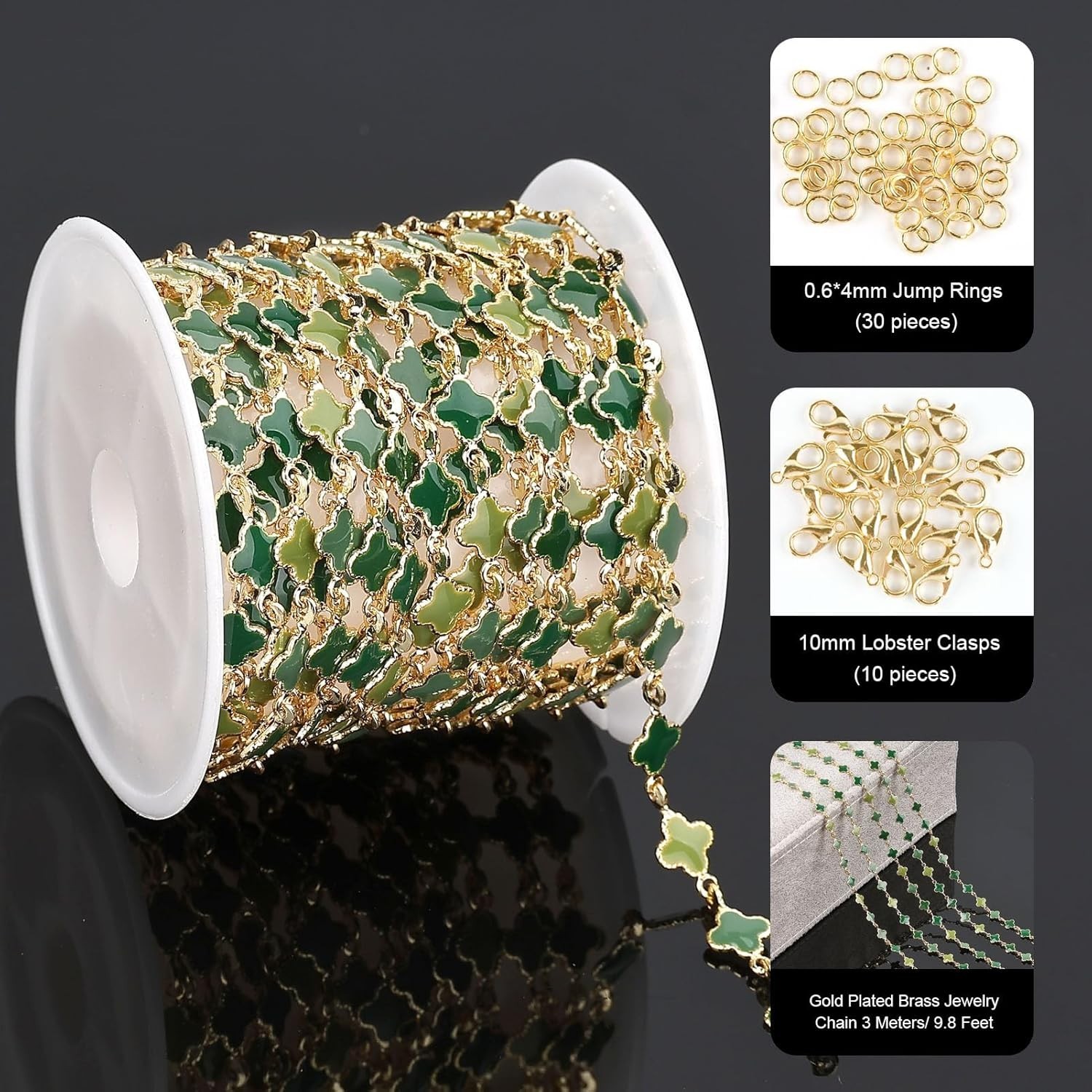 3 Meters Enamel Chain for Jewelry Making Green Oil Drip Four Leaf Jewelry Chain