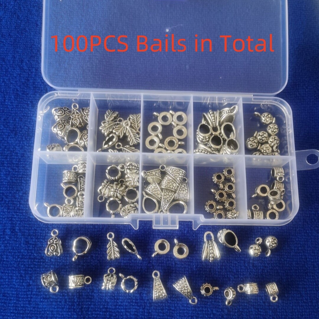 100PCS Antiqued Silver Metal Bails Beads in Storage Box for Jewelry Making