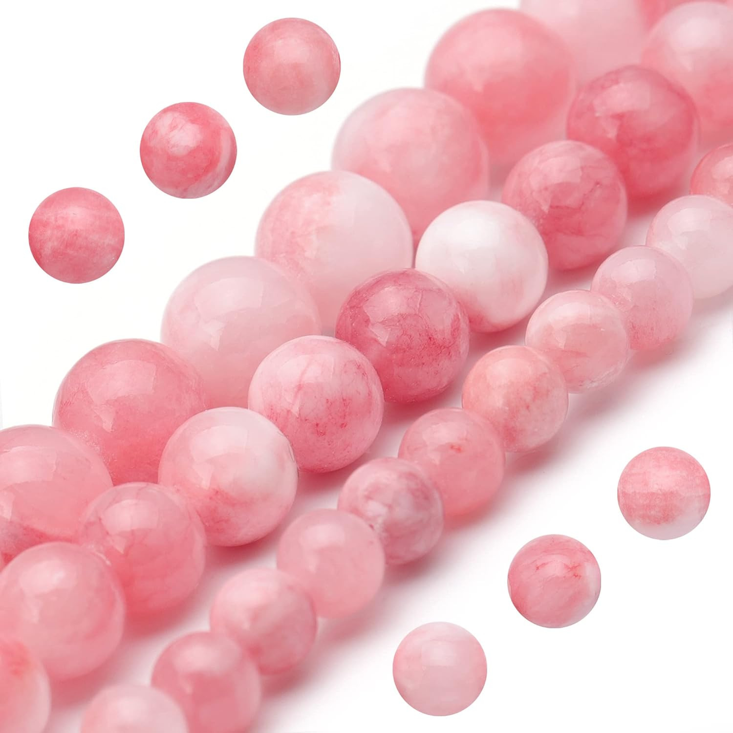Natural Gemstone Beads for Jewelry Making,8Mm Pink White Jade Polished round Smo