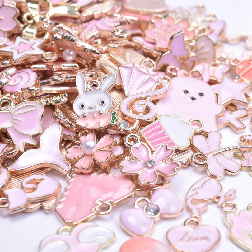 50Pcs Mixed Pink Drip Oil Charms Animal Heart Flower Pendants DIY Craft