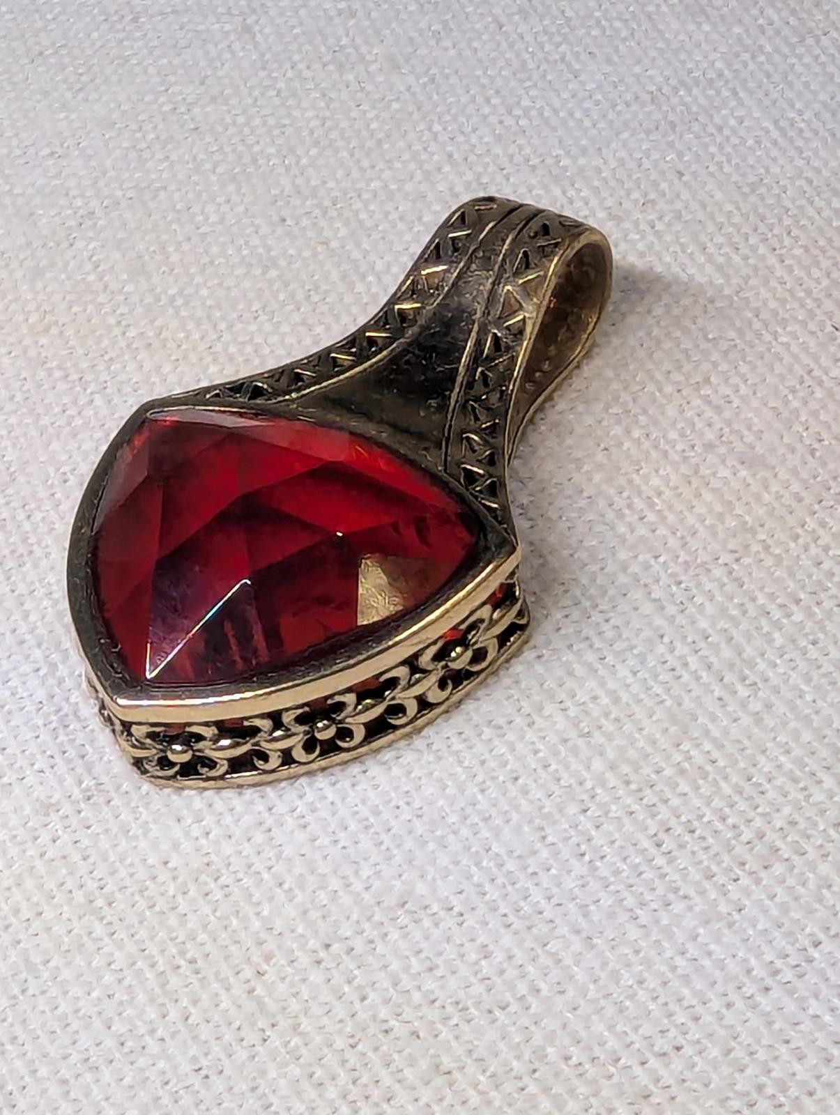 Barse Red Glass Pendant with Intricate Metalwork, Marked “Barse Thailand”