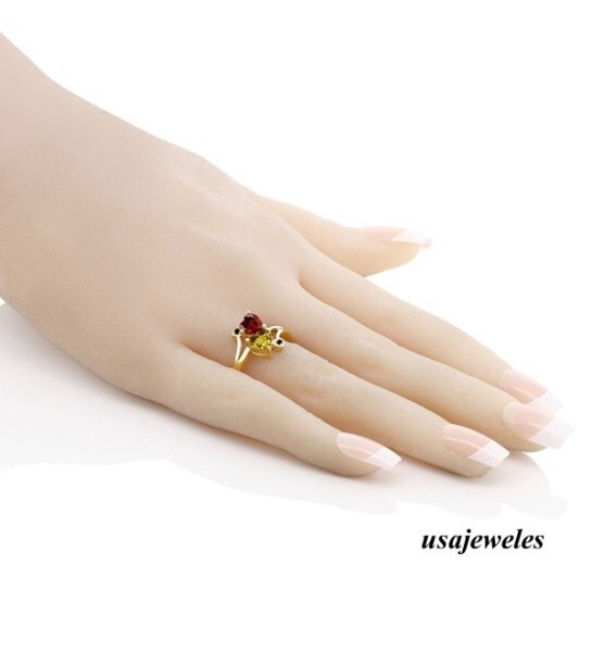 14K Yellow Gold Over 2CT Heart Shape Real Citrine & Ruby Two-Stone Jewelry Ring