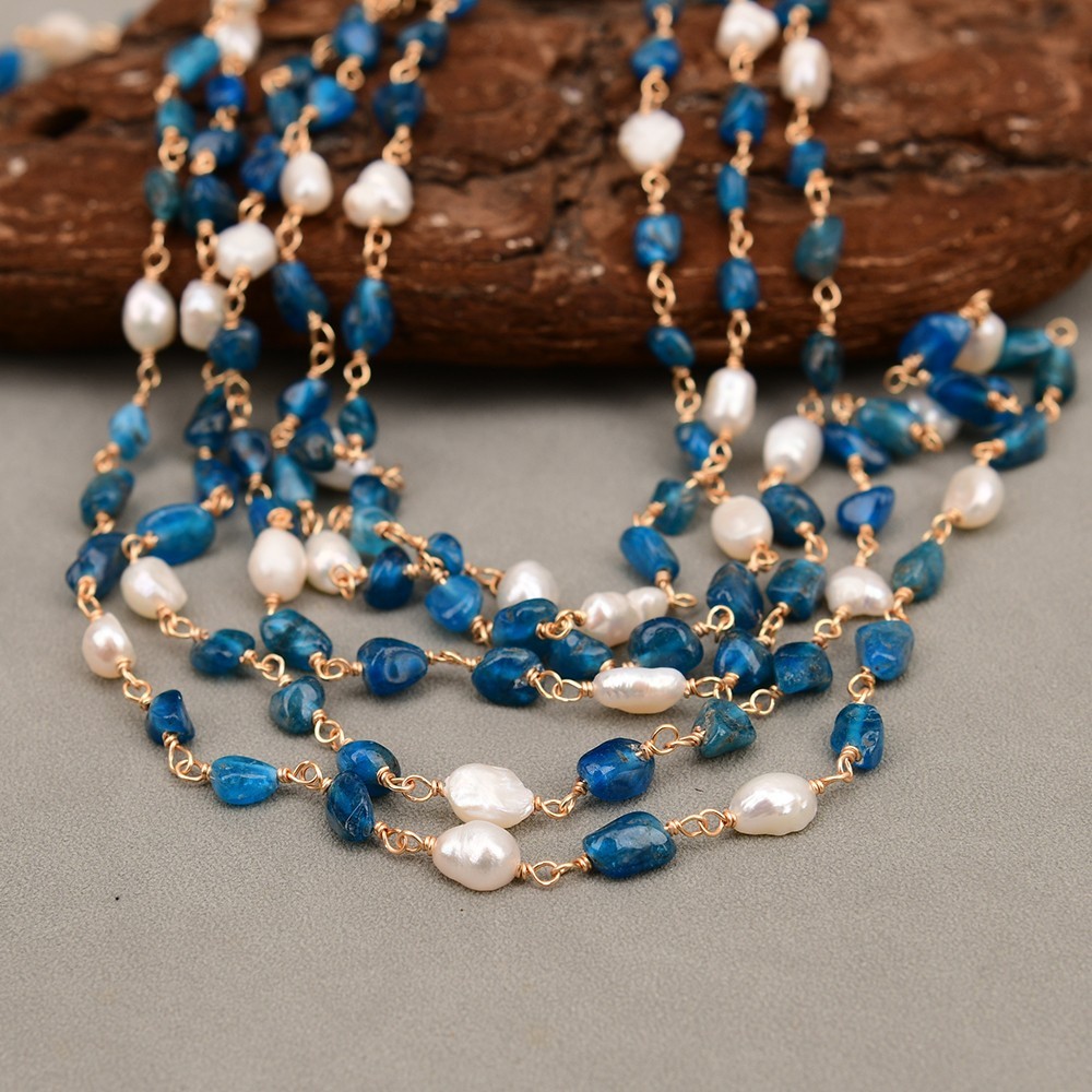 1 Meter Cultured White Keshi Pearl Blue Apatite Stone Chain DIY Jewelry making