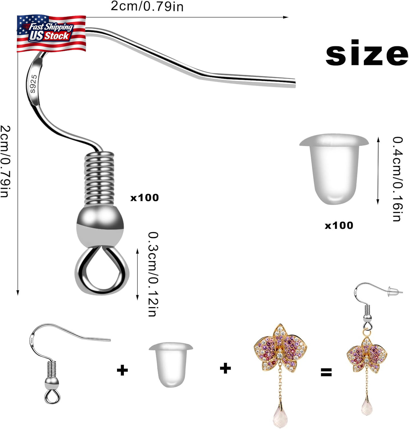 100 PCS/50 Pairs 925 Sterling Silver Earring Hooks Fish Hook Ear Wires French Wi