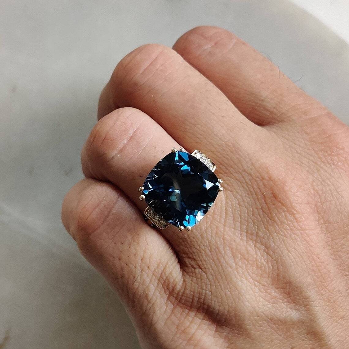 Cushion Cut London Blue Topaz Art Deco Wedding Ring 14k gold plated Silver