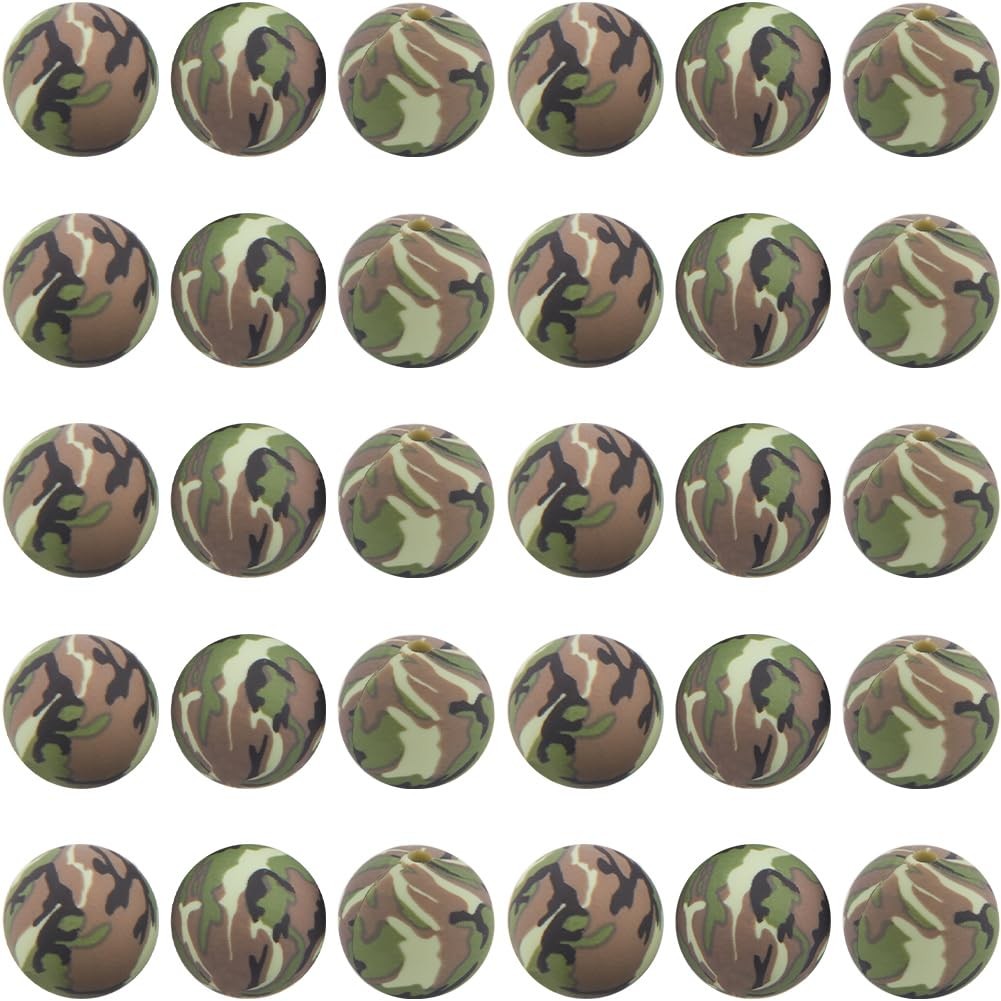 1 30Pcs Camouflage Printed Bead 15mm Green Printed Silicone Round Beads Bulk …