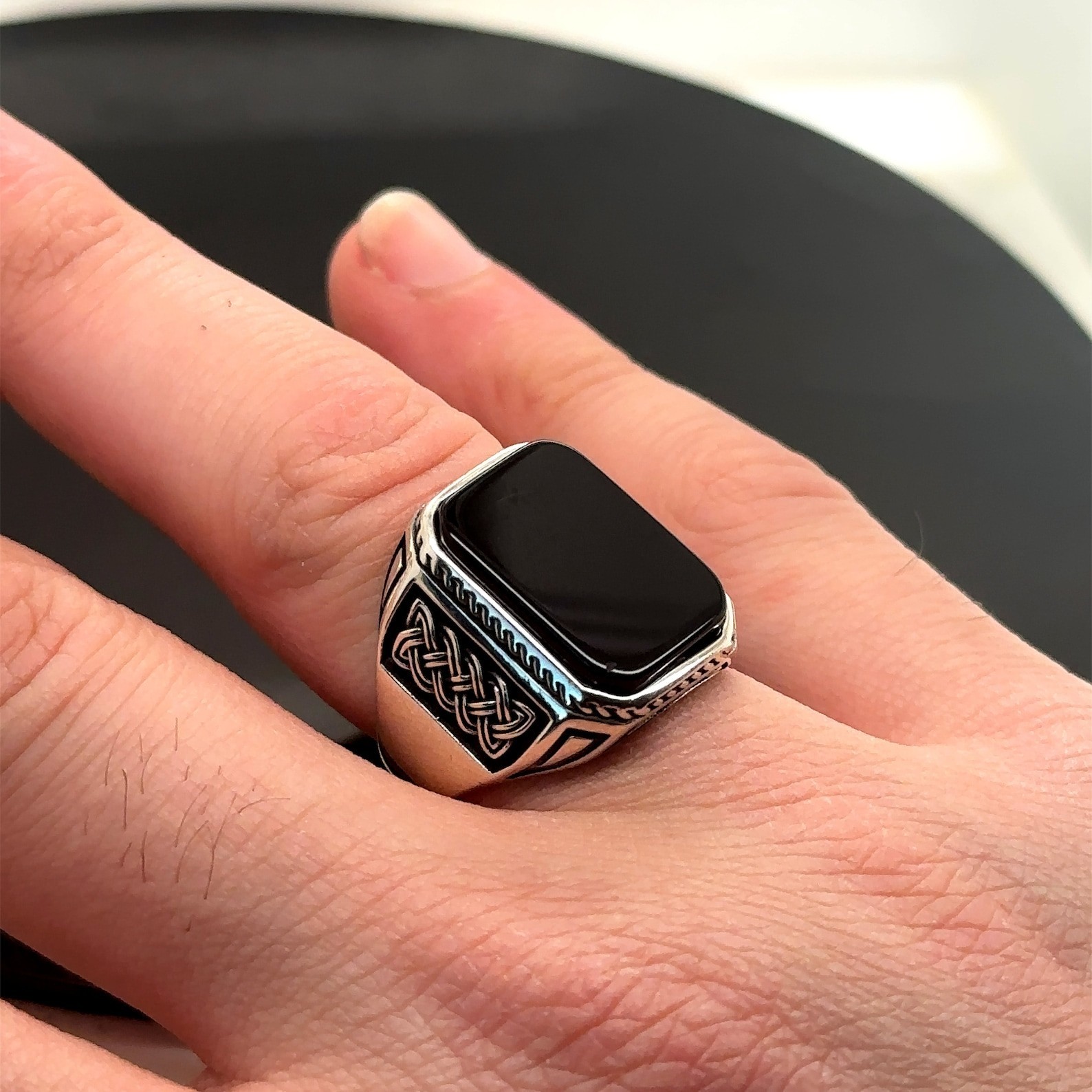 Men 925 Sterling Silver Black Onyx Ring Celtic Knot Motif State Band Handmade