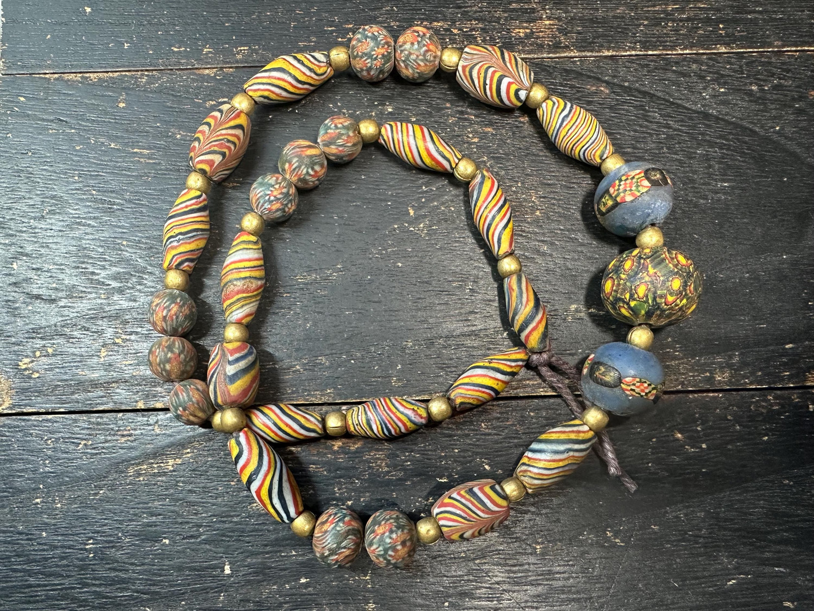 African Krobo Glass Bead Necklace 25” – Striped Powder Glass Beads & Millefiori