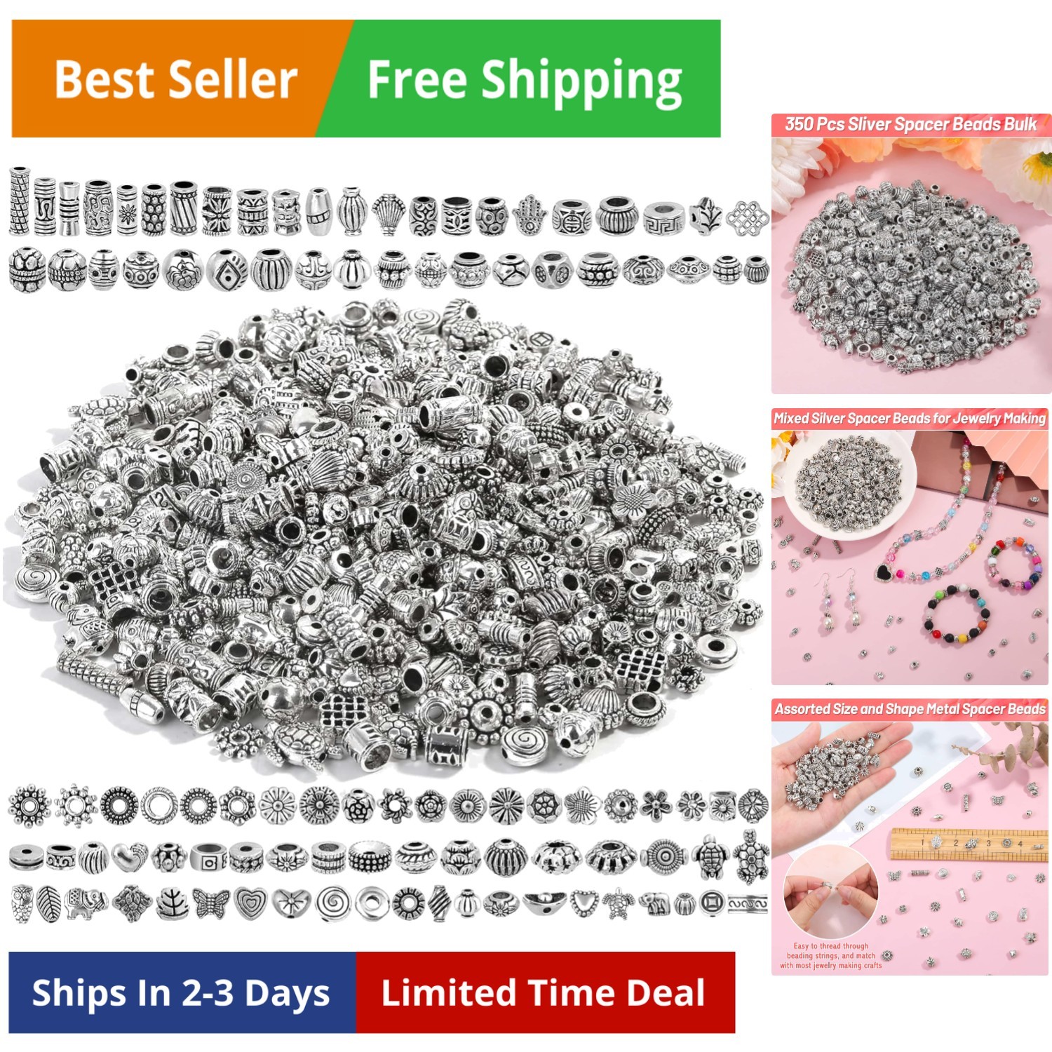500 Pcs Bracelet Spacer Beads, Silver Bulk Random Styles Loose Spacer Metal C…