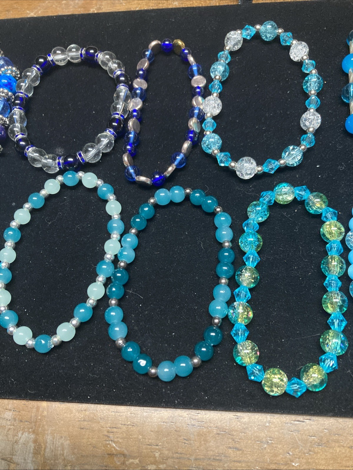 Handmade Glass Beads & Acrylic Bracelets, Lot Of 12 Blue Colors, Stretch Cord.