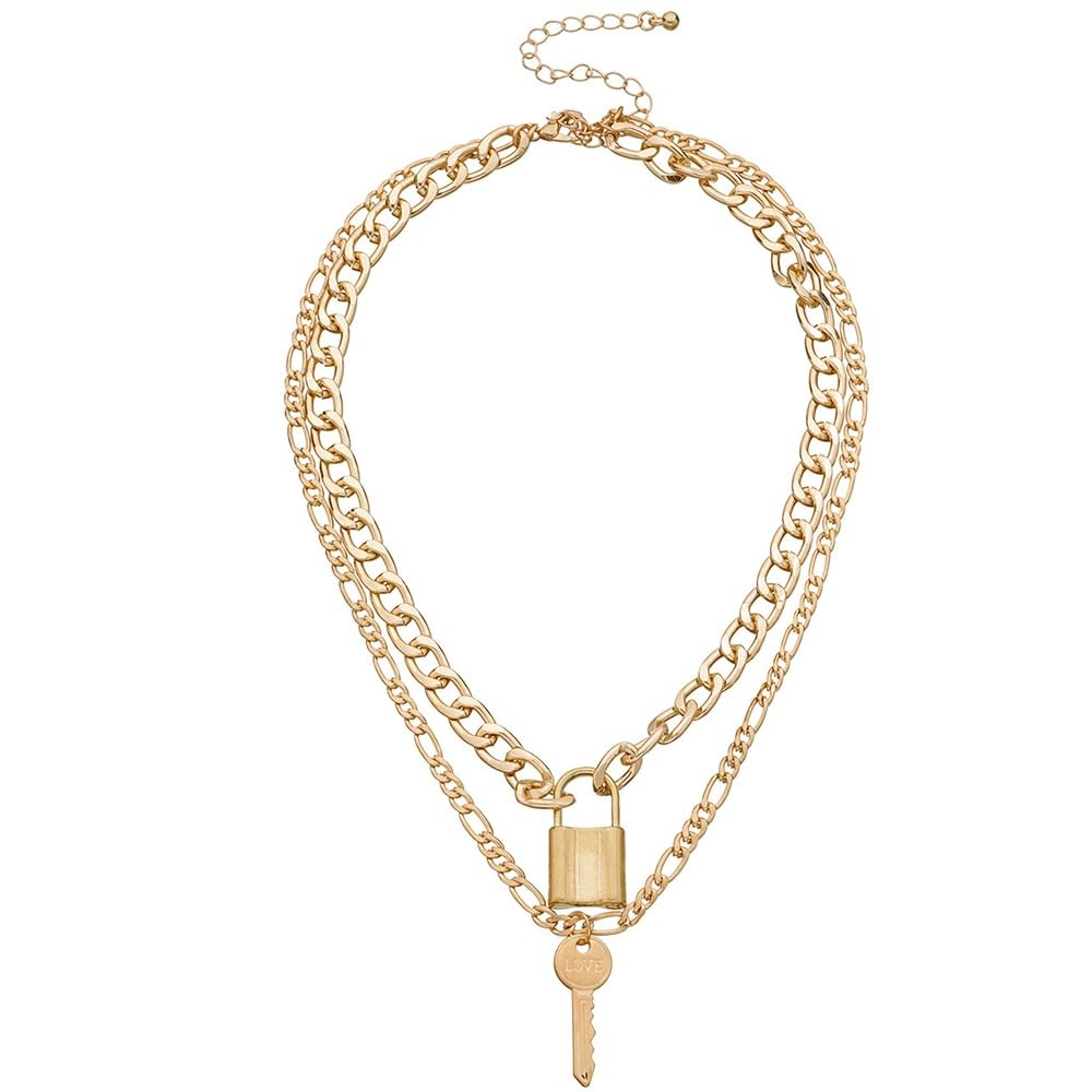 Boho Fashion Layered Necklace Prom Shinny Gold Chunky Key Lock Pendant Choker Ne